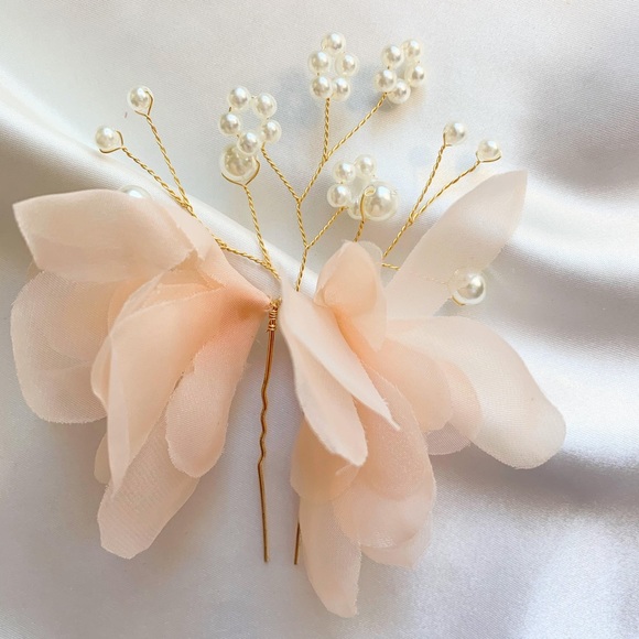 BRIDAL - HIBISCUS Pink Flowers & Pearls Hair Pin Set - 2 pc - Picture 2 of 2